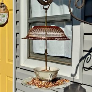 Vintage Pink Depression Glass and Teacup Bird Feeder - New York Apple Blossom